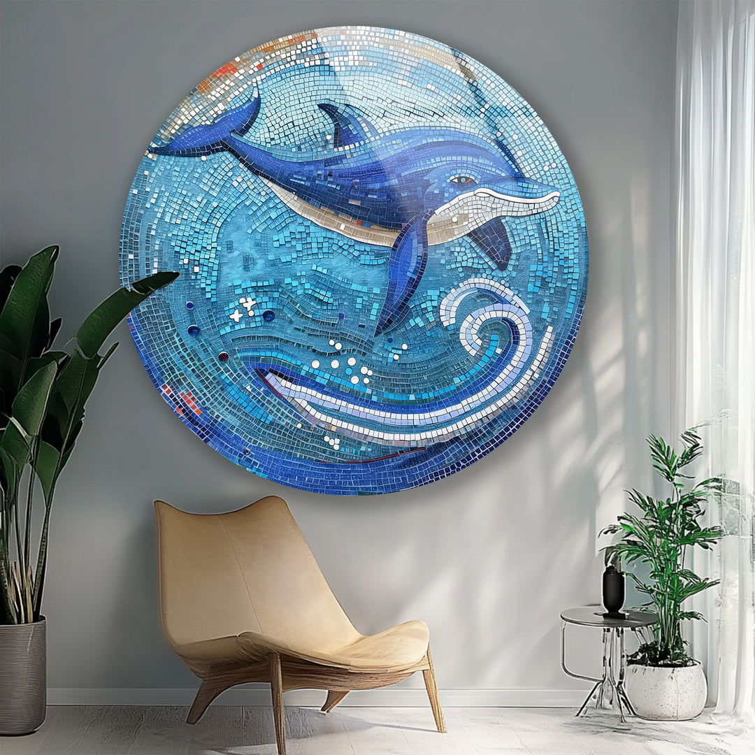 Ocean Harmony – Coastal Dolphin Mosaic Blue Glass Wall Art