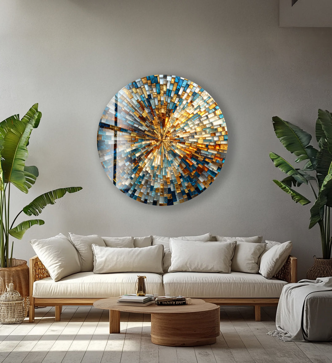 Golden Radiance Spiral  – Round Glass Wall Art