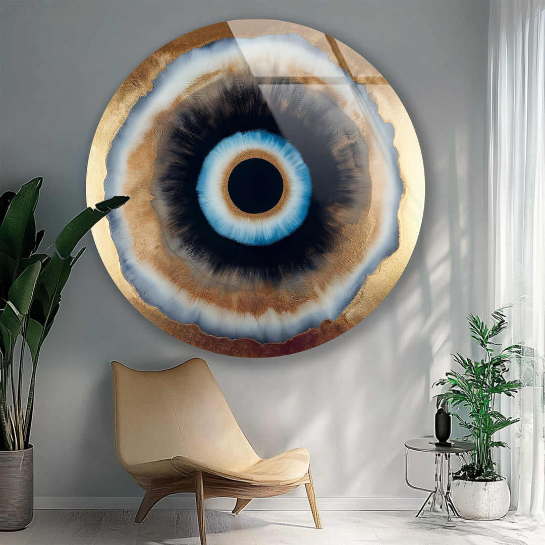 Golden Aura Eye – Modern Abstract Round Glass Wall Art