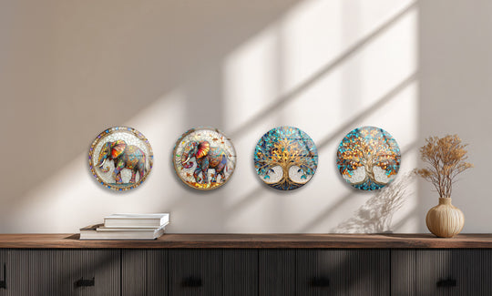 The round glass wall art features elephant and tree of life motifs and it's a glass art set portraying wisdom and harmony and also ideal for modern interiors