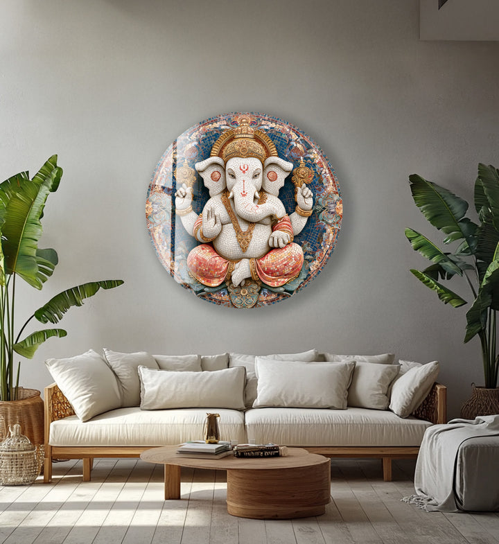 Divine Lotus Ganesha – Round Glass Wall Art