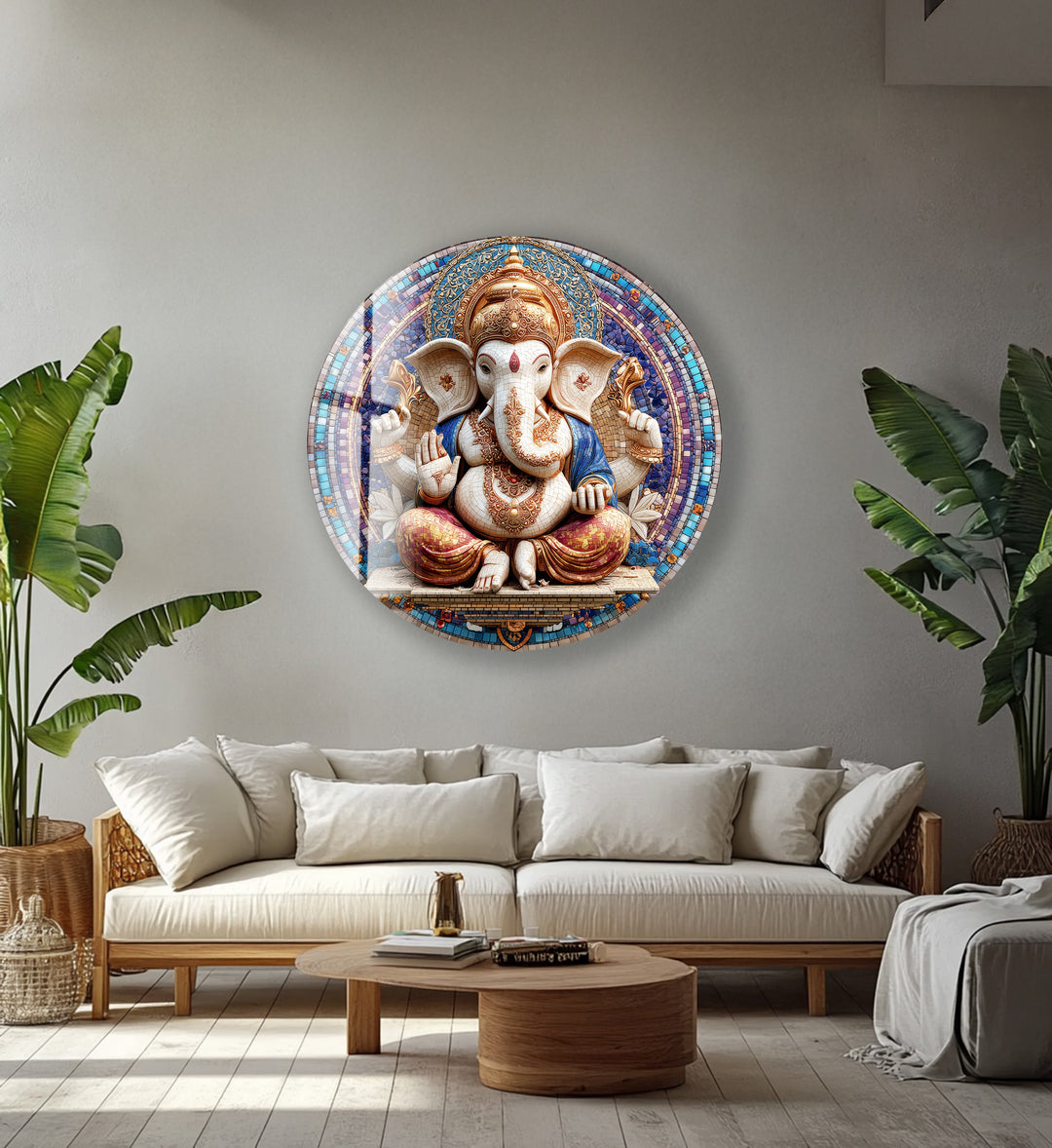 Divine Ganesha Mosaic – Round Glass Wall Art