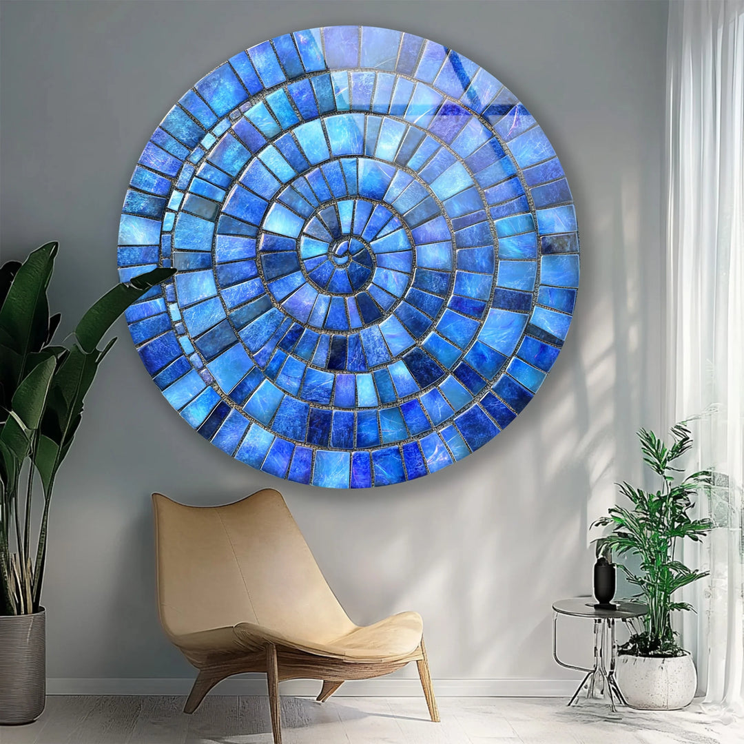 Ocean Spiral – Blue Mosaic Round Glass Wall Art - MyPhotoStation