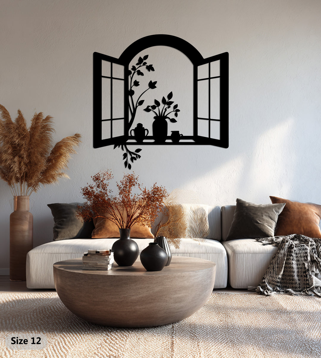 Window Frame with Flower Pots – Elegant Metal Wall Art