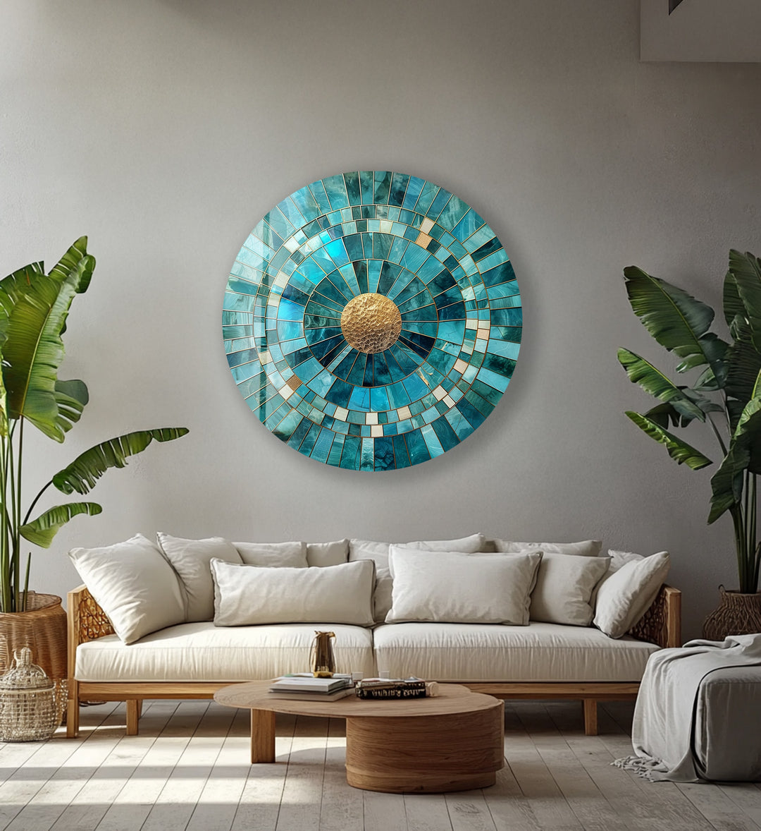 Golden Core – Turquoise Radiance Round Glass Wall Art