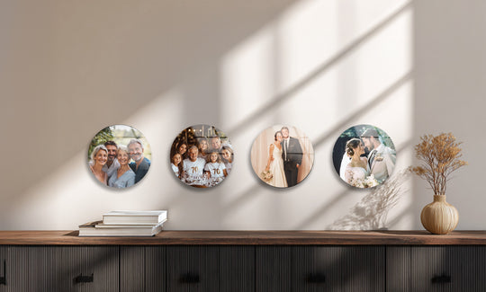 Round glass wall art shows family and wedding pictures and is a glossy wall decor and vibrant custom photo art for celebrating special memories