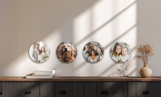 Round glass wall art features family and pet photos and golden hues and it is custom wall decor perfect for unique wall art