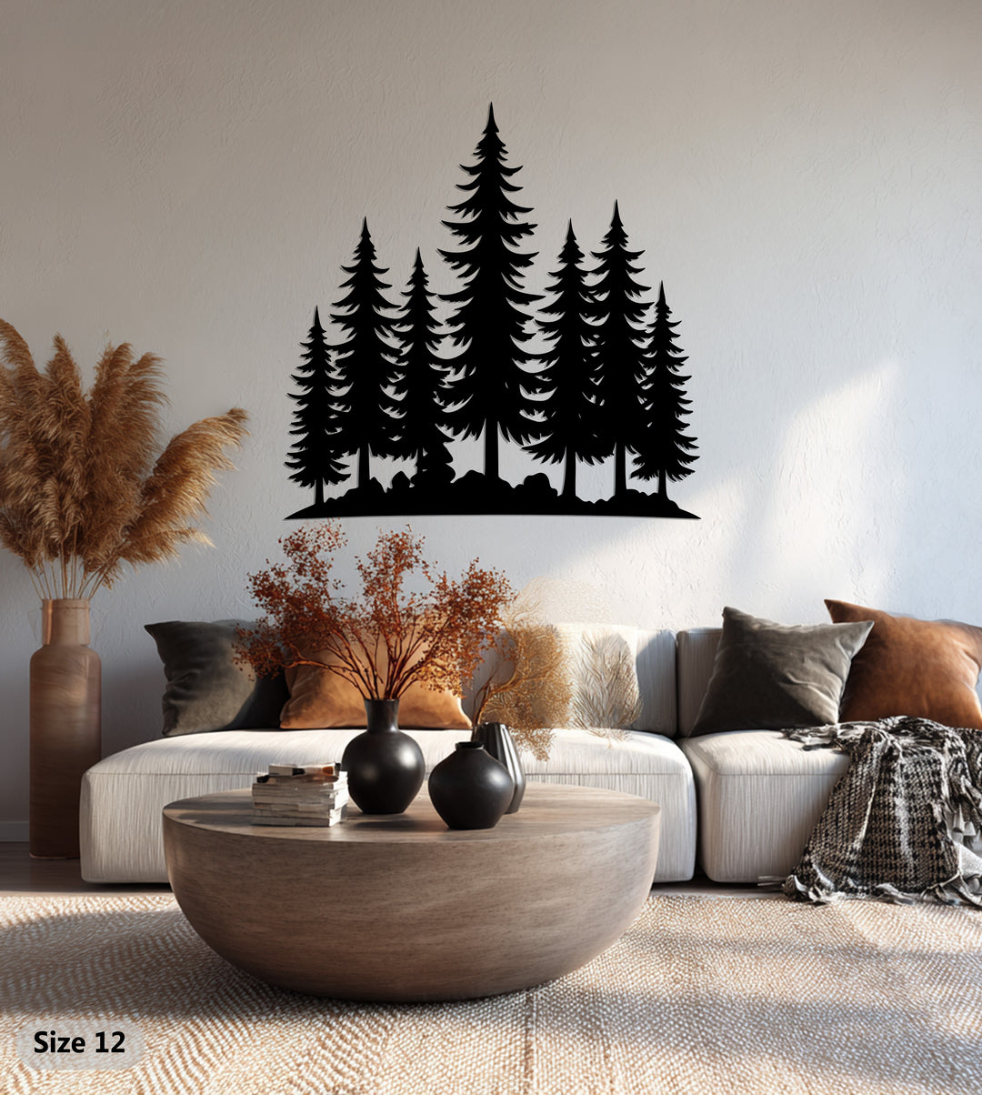 Modern cabin style wall art with pine trees