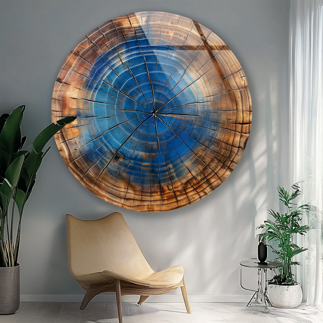 Blue Core Timber – Rustic Round Glass Wall Art