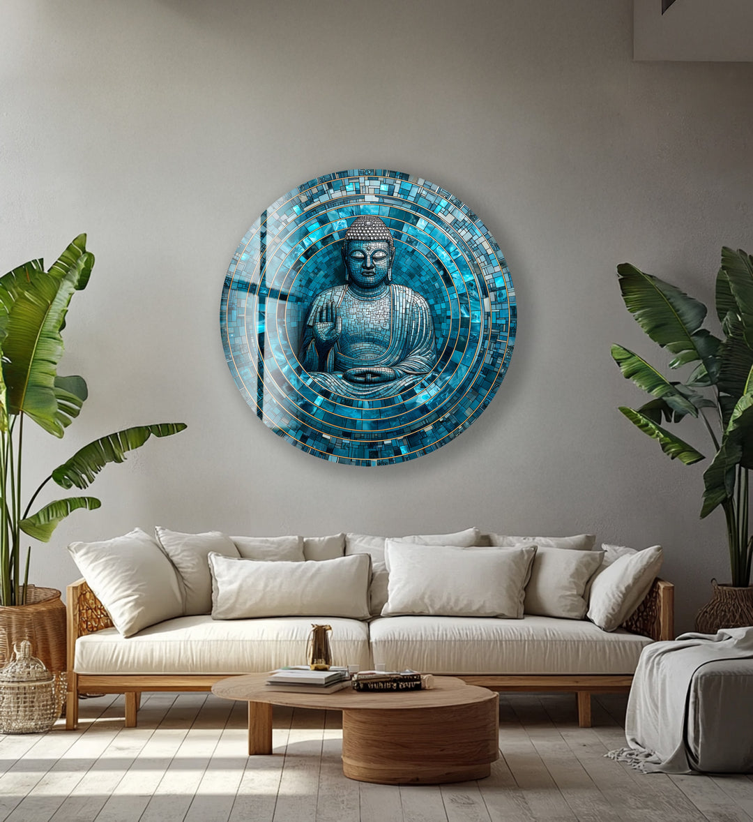 Tranquil Mosaic Buddha – Round Glass Wall Art