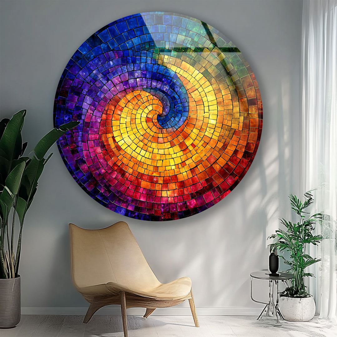 Chromatic Spiral – Vibrant Abstract Mosaic Round Glass Wall Art