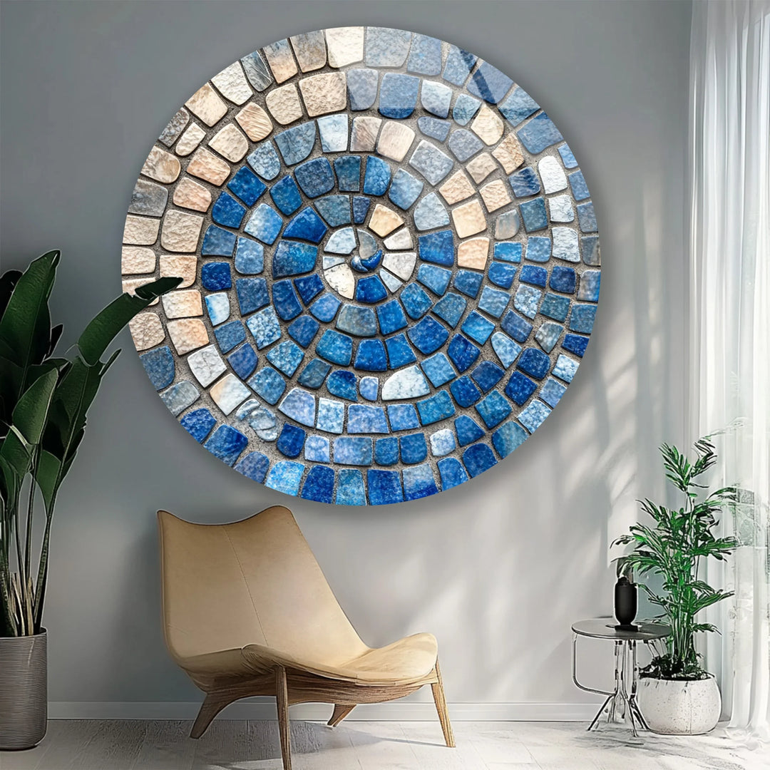 Ocean Spiral Mosaic – Blue and Sand Round Glass Wall Art - MyPhotoStation