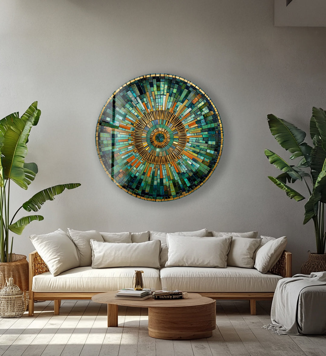 Golden Horizon – Emerald and Amber Mosaic Round Glass Wall Art
