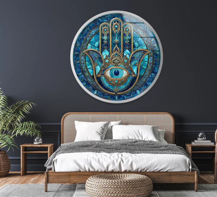 Mystic Hamsa Hand with Evil Eye – Round Glass Wall Art - MyPhotoStation