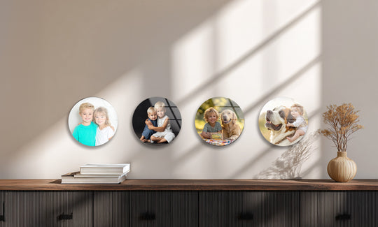 Round glass wall art shows cherished bonds with family and pets and custom photos bring your memories to life perfect for home decor