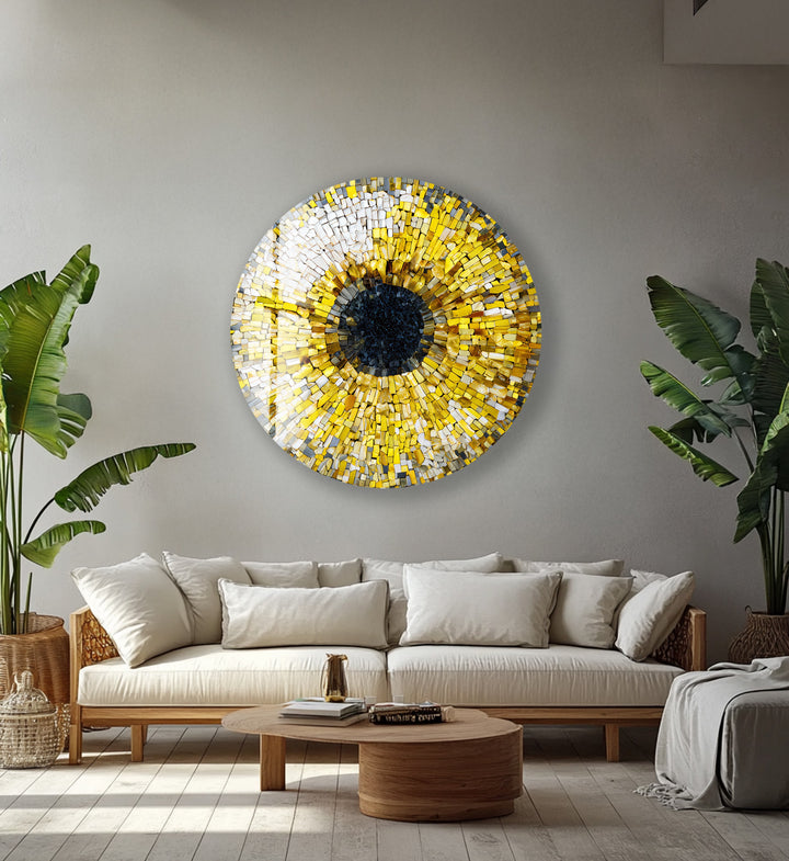 Golden Iris Mosaic – Round Glass Wall Art