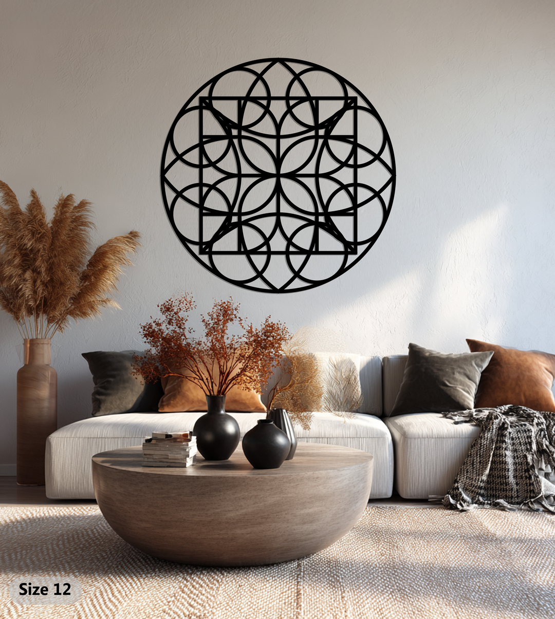 Intertwining organic forms compose this geometric circle grid, crafted as a stunning metal artwork for wall decoration, showcasing its blend of natural inspiration and modern design.