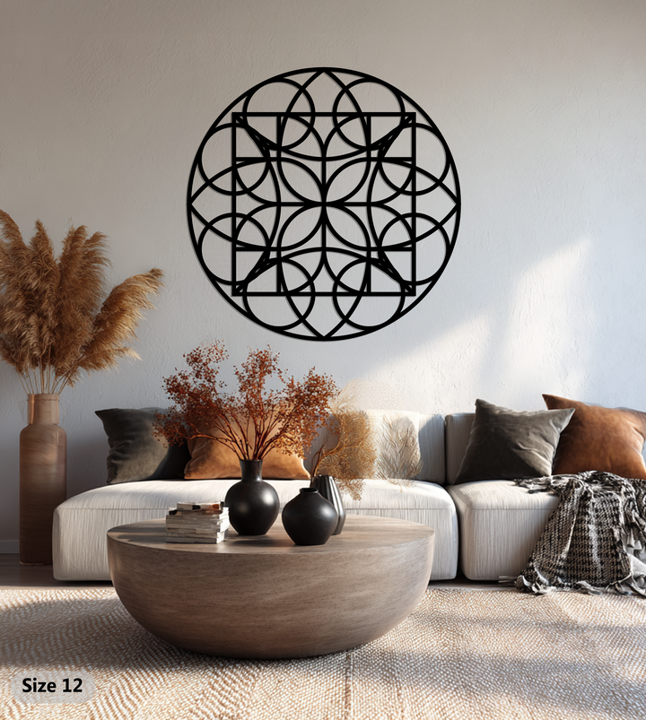 Intertwining organic forms compose this geometric circle grid, crafted as a stunning metal artwork for wall decoration, showcasing its blend of natural inspiration and modern design.