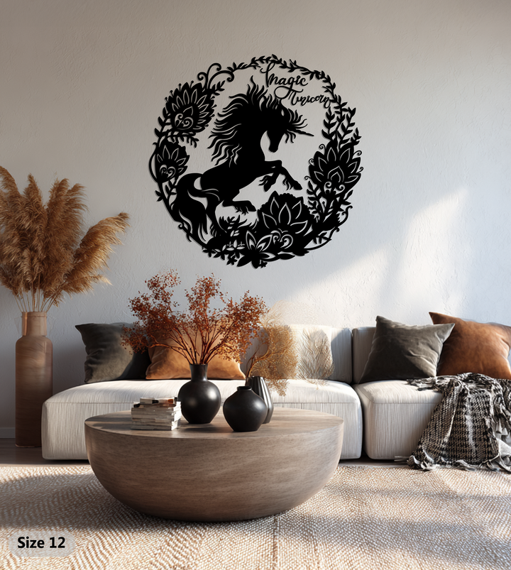 Defined by its exquisite floral wreath edge, this round black metal art for wall showcases a magical unicorn, adding a whimsical touch.