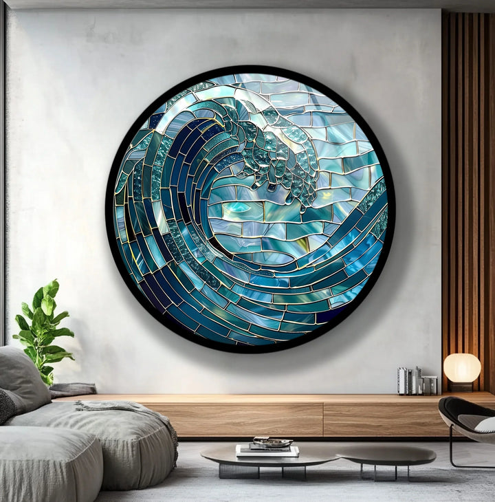 Ocean Wave in Blue Mosaic Round Glass Wall Art - MyPhotoStation
