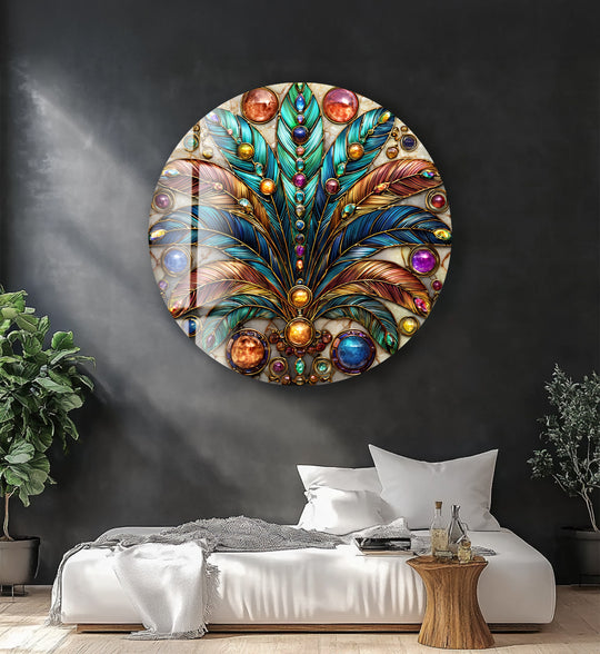 The cushion's plush surface below the Jewel of the Tropics round glass wall art decor offers the scene's softest texture, juxtaposed with the glass art's gleaming gemstones.