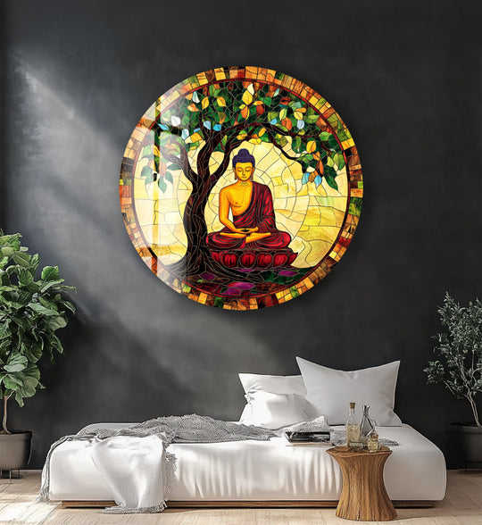 Dominant yellows and greens illuminate this round tempered glass wall art depicting the Enlightenment Under the Bodhi Tree, a serene, colorful scene.