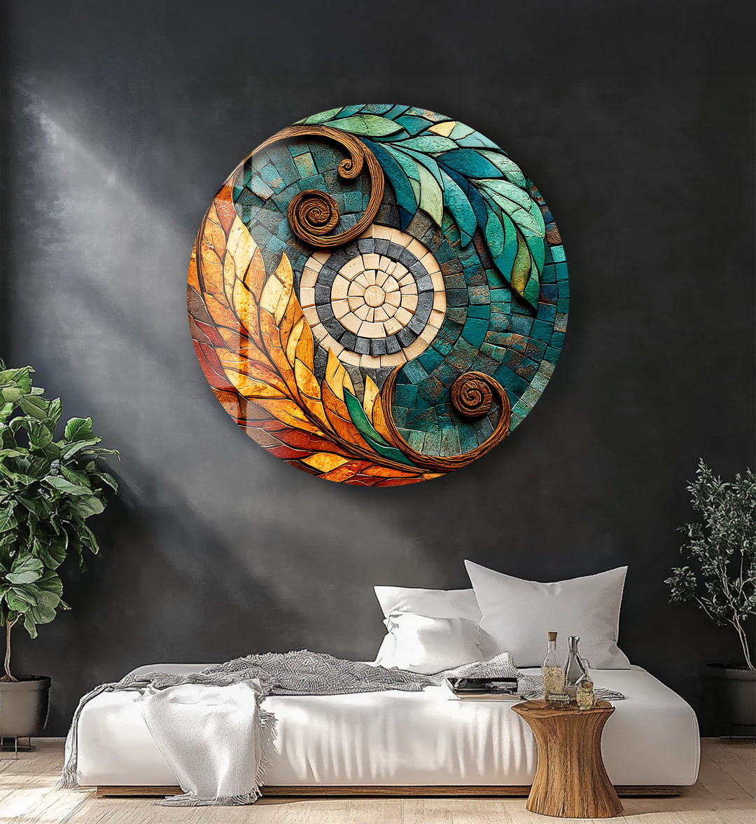 Solar Leaf Harmony – Round Glass Wall Art