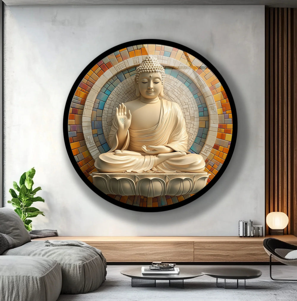 Tranquil Buddha Mosaic Round Glass Wall Art - MyPhotoStation