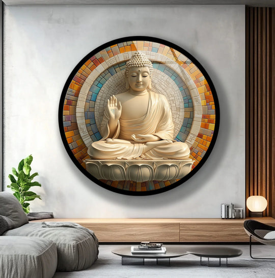 Framed in black, the edge of this tranquil Buddha mosaic round glass art painting emphasizes the multicolored tiled borders surrounding the central Buddha figure.