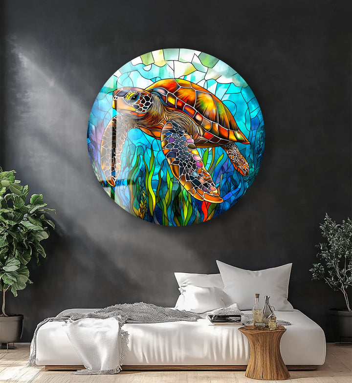 Ocean Voyager – Sea Turtle Round Glass Wall Art