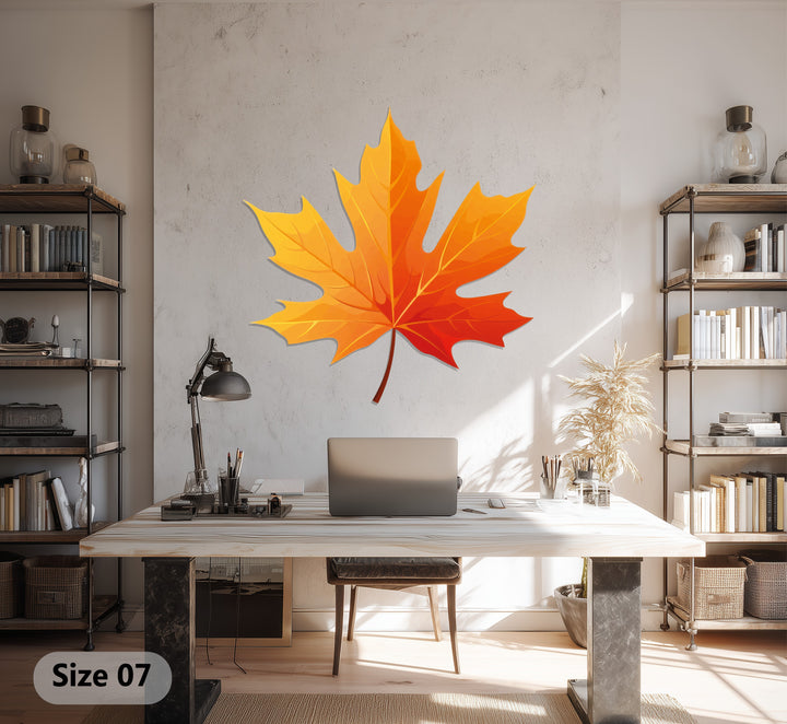 Hinting at subtle shadows, the softest element enhances the golden autumn maple leaf of this decorative metal art, a modern fall wall decor.