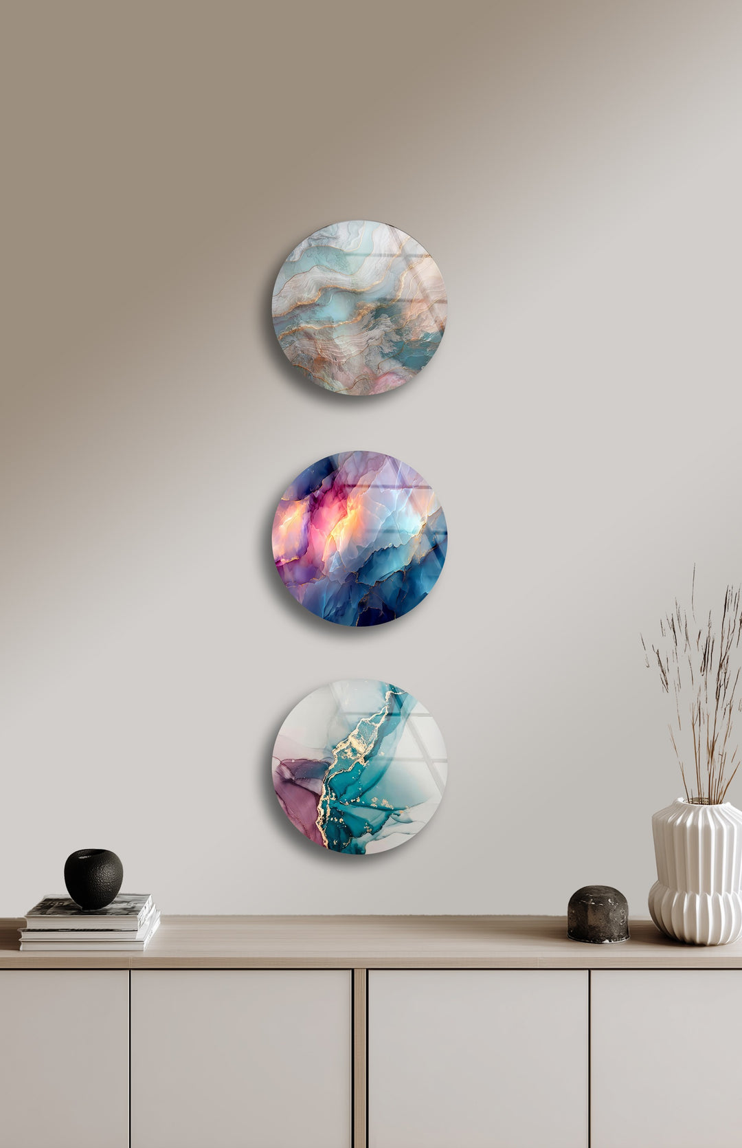 Crystal Flow Round Glass Wall Art Set – Abstract Agate-Inspired Design