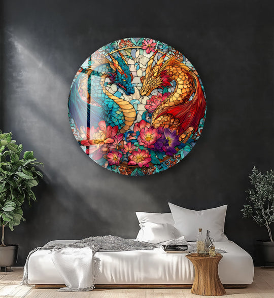 Realistic detail is captured in this round glass wall art, showcasing dual dragons in a stained-glass style, creating a mesmerizing hanging wall art piece.