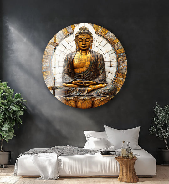 The darkest area highlights the luminosity of the Buddha in this round glass wall art, showcasing the beauty of best glass art in its mosaic composition.