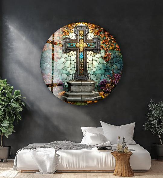 Textured surface texture accentuates the stained-glass cross and surrounding garden in this round decorative wall art, creating a visually engaging focal point.