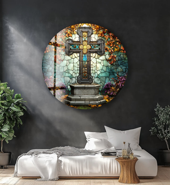 Stained Glass Cross Garden Scene – Round Glass Wall Art