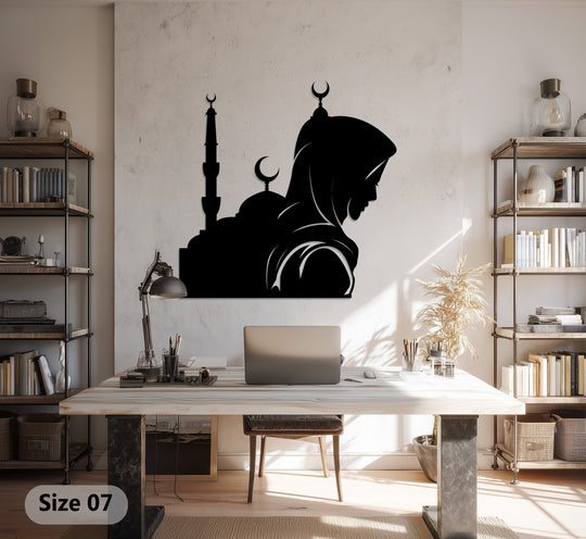 The prayerful woman's silhouette and mosque details are rendered with realistic detail in this stunning metal art for wall, showcasing Islamic artistic design.