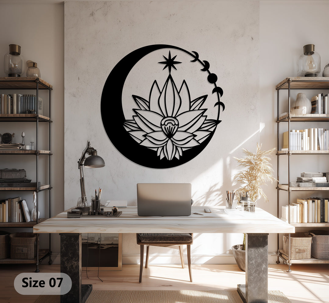 Lunar Blossom – Moon and Lotus Flower Metal Wall Art