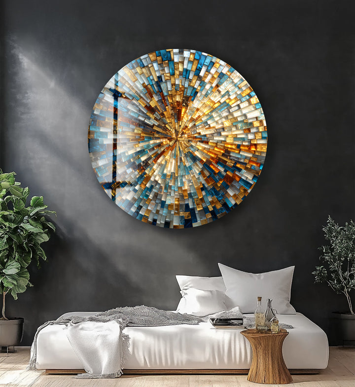 Golden Radiance Spiral  – Round Glass Wall Art