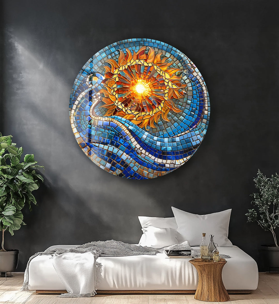 Solar Flow – Blue and Gold Mosaic Round Glass Wall Art