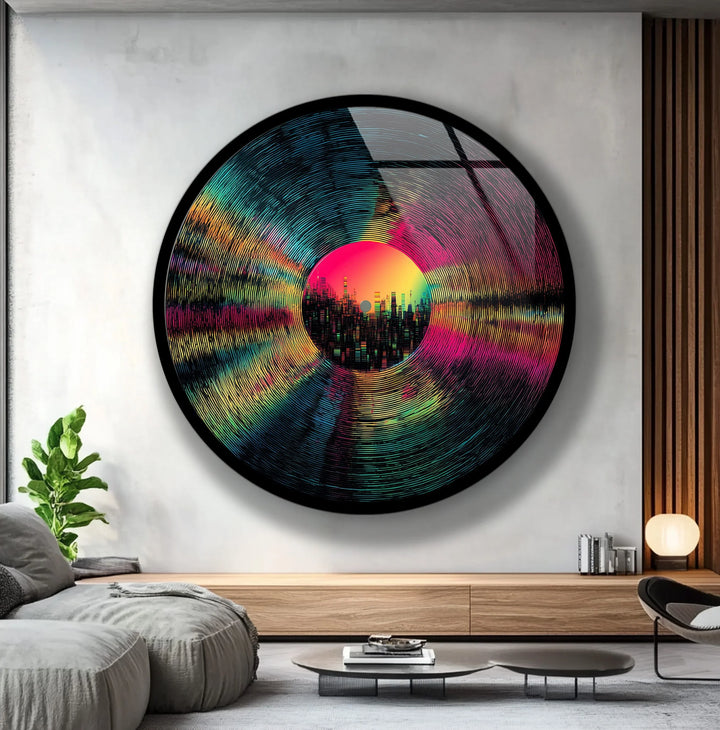 Neon Vinyl Cityscape – Round Glass Wall Art - MyPhotoStation