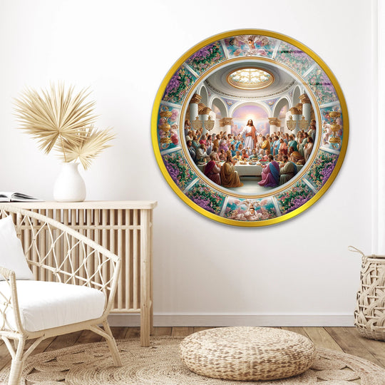 Shadows under the table in this round glass wall art accentuate the sacred moment of the Last Supper, a detailed print wall art piece depicting Jesus and his disciples.
