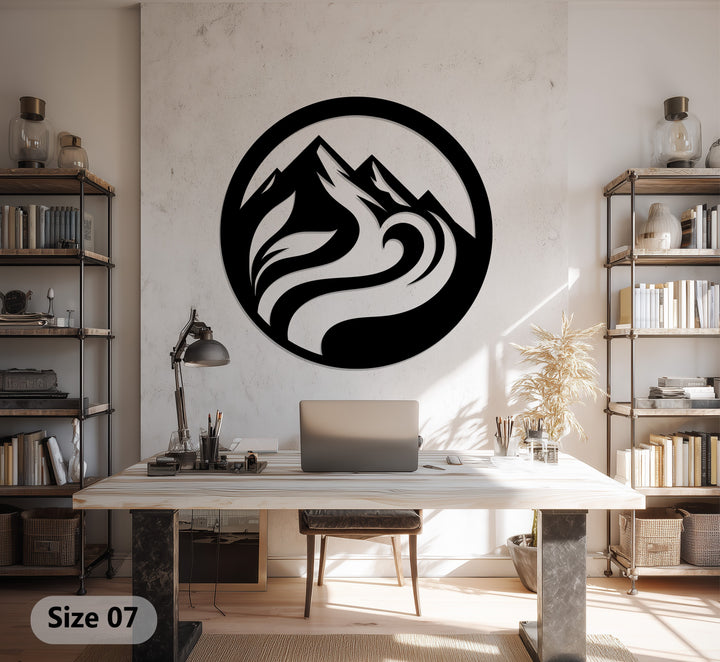 Flowing river mountain metal wall art