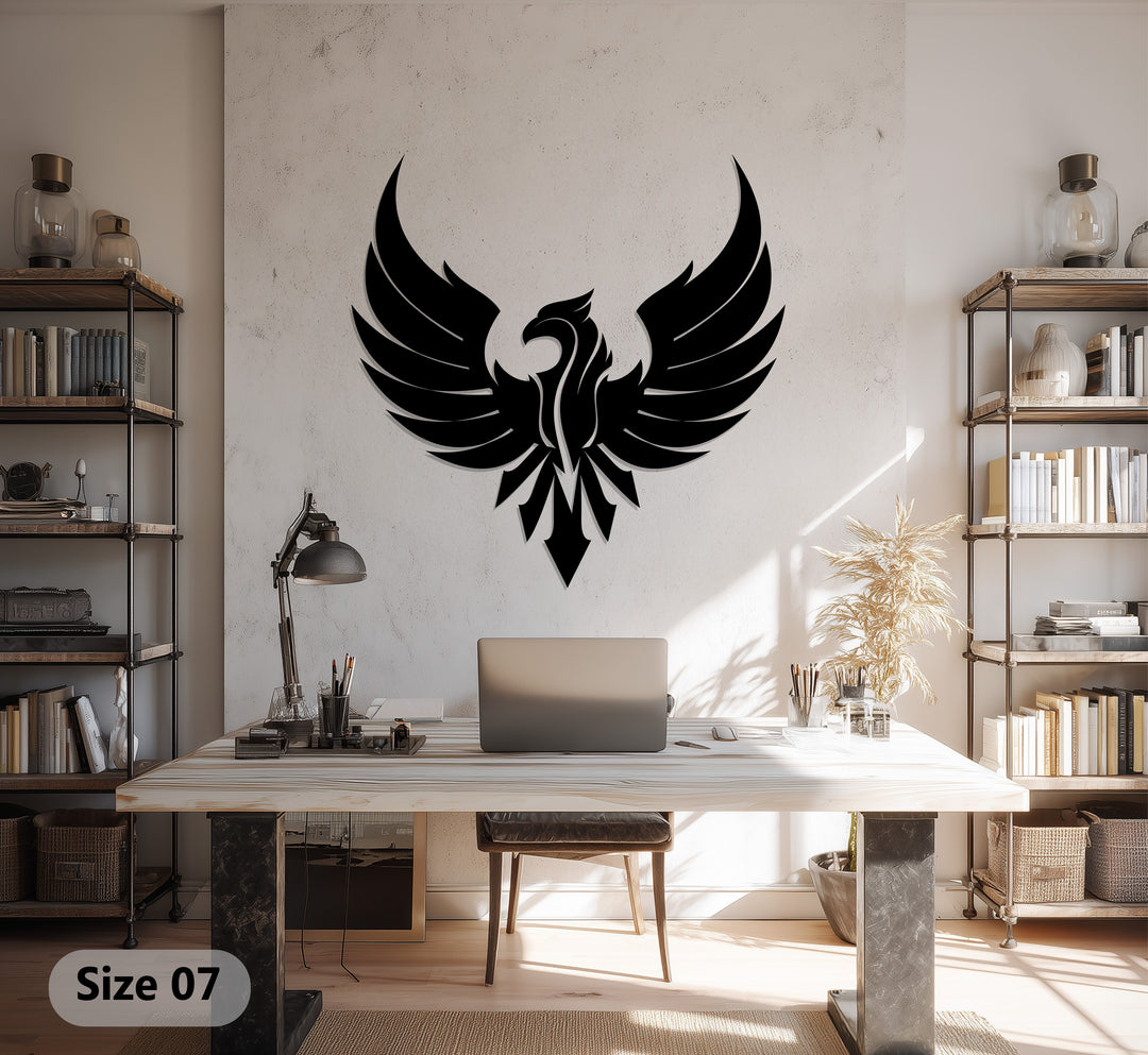 Bold phoenix bird silhouette metal artwork