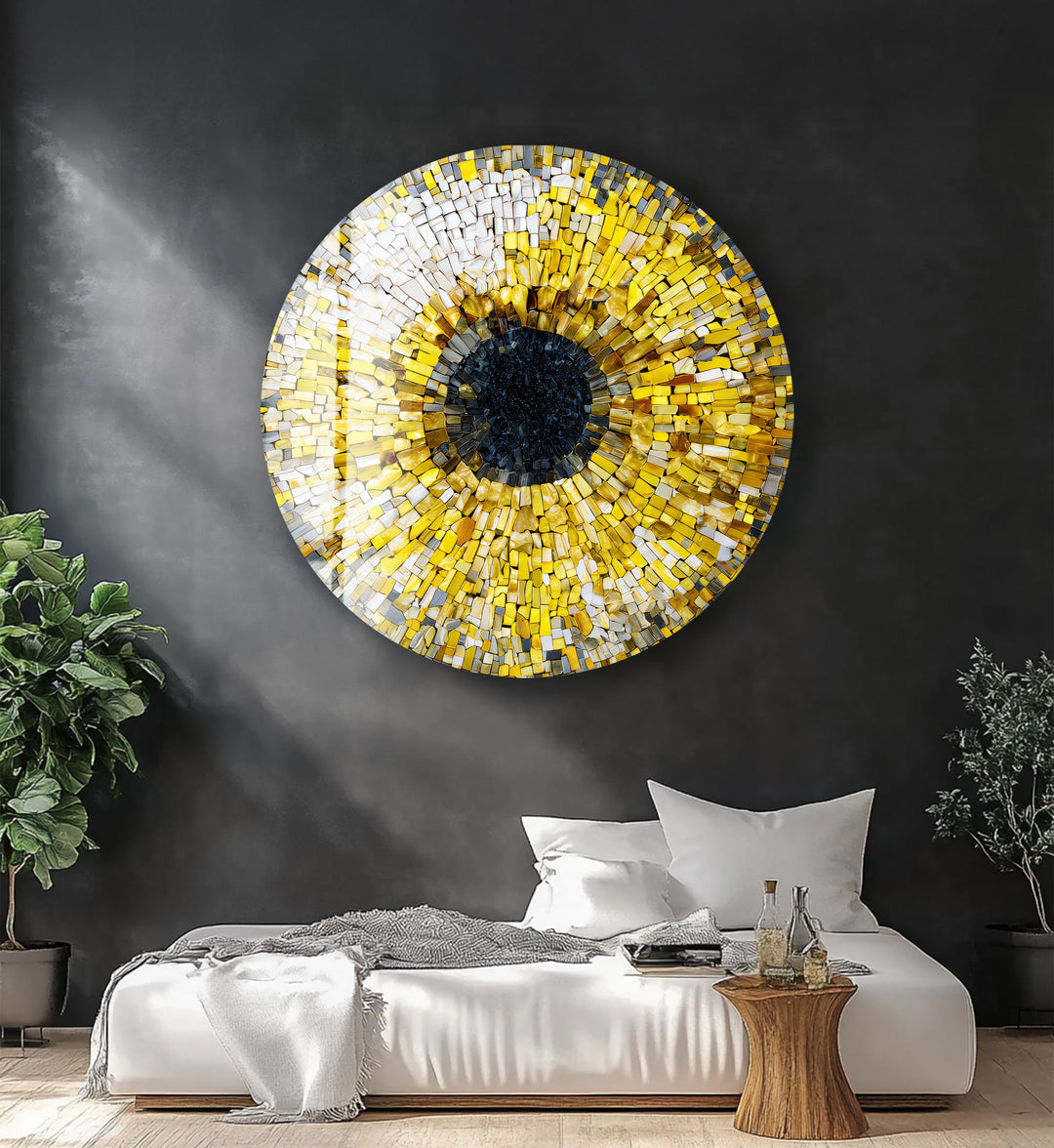 Golden Iris Mosaic – Round Glass Wall Art