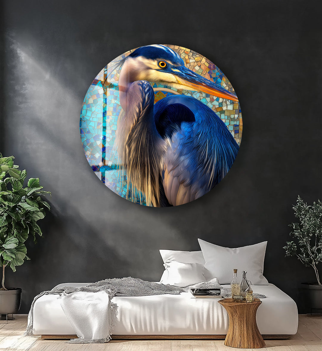 Azure Watchful Heron – Round Glass Wall Art