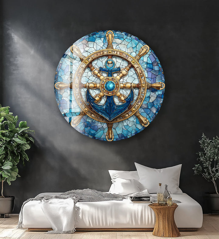Nautical Helm & Anchor – Round Glass Wall Art