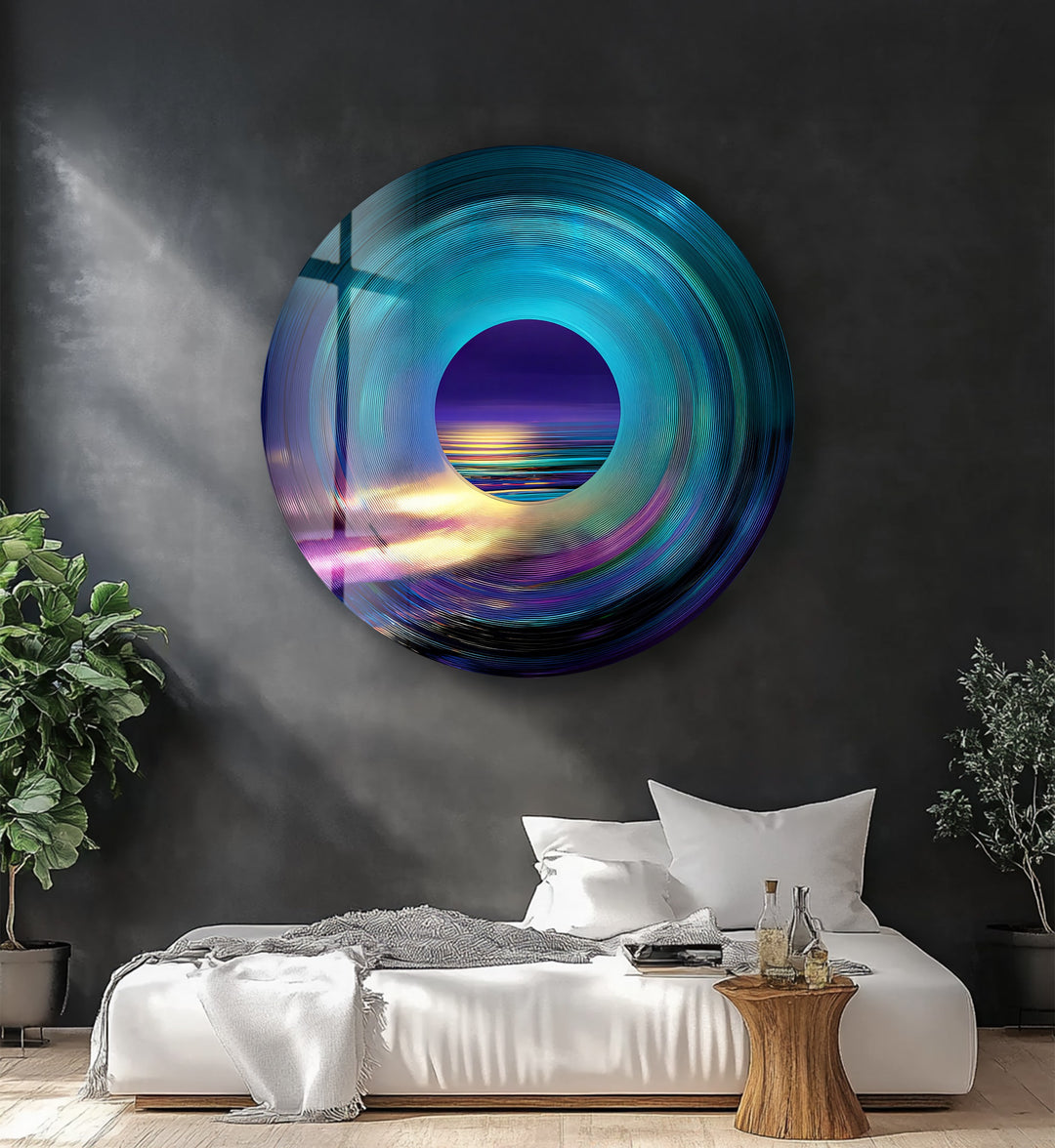 Luminous Horizon – Abstract Ocean View Round Glass Wall Art