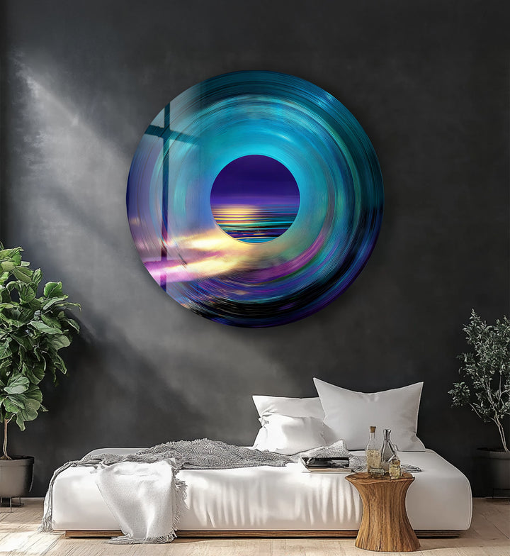 Luminous Horizon – Abstract Ocean View Round Glass Wall Art