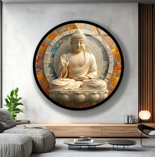 Horizontal round radiant Buddha mosaic is a beautiful art from glass wall decor piece, adding serenity and elegance to any interior space.